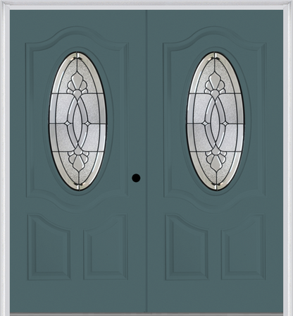 MMI Twin/Double Small Oval 2 Panel Deluxe 6'8" Fiberglass Smooth Belaire Patina Decorative Glass Exterior Prehung Door 749