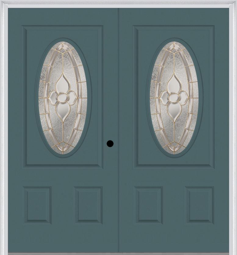 MMI Twin/Double Small Oval 2 Panel 6'8" Fiberglass Smooth Nouveau Nickel Or Nouveau Patina Decorative Glass Exterior Prehung Door 949