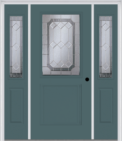 MMI 1/2 Lite 1 Panel 6'8" Fiberglass Smooth Majestic Nickel Exterior Prehung Door With 2 Half Lite Majestic Brass/Nickel Decorative Glass Sidelights 682