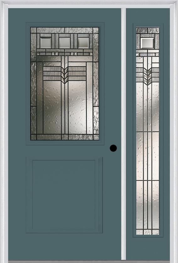 MMI 1/2 Lite 1 Panel 6'8" Fiberglass Smooth Oak Park Patina Exterior Prehung Door With 1 Full Lite Oak Park Patina Decorative Glass Sidelight 682