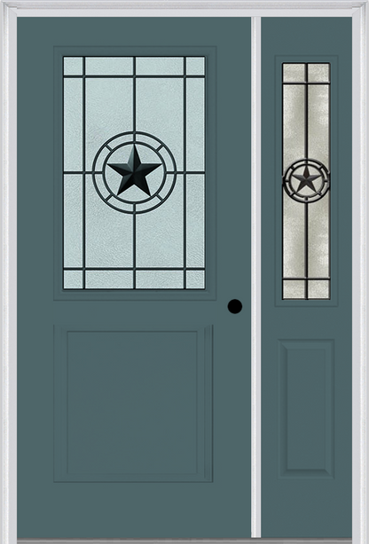 MMI 1/2 Lite 1 Panel 6'8" Fiberglass Smooth Elegant Star Wrought Iron Exterior Prehung Door With 1 Half Lite Elegant Star Wrought Iron Decorative Glass Sidelight 682