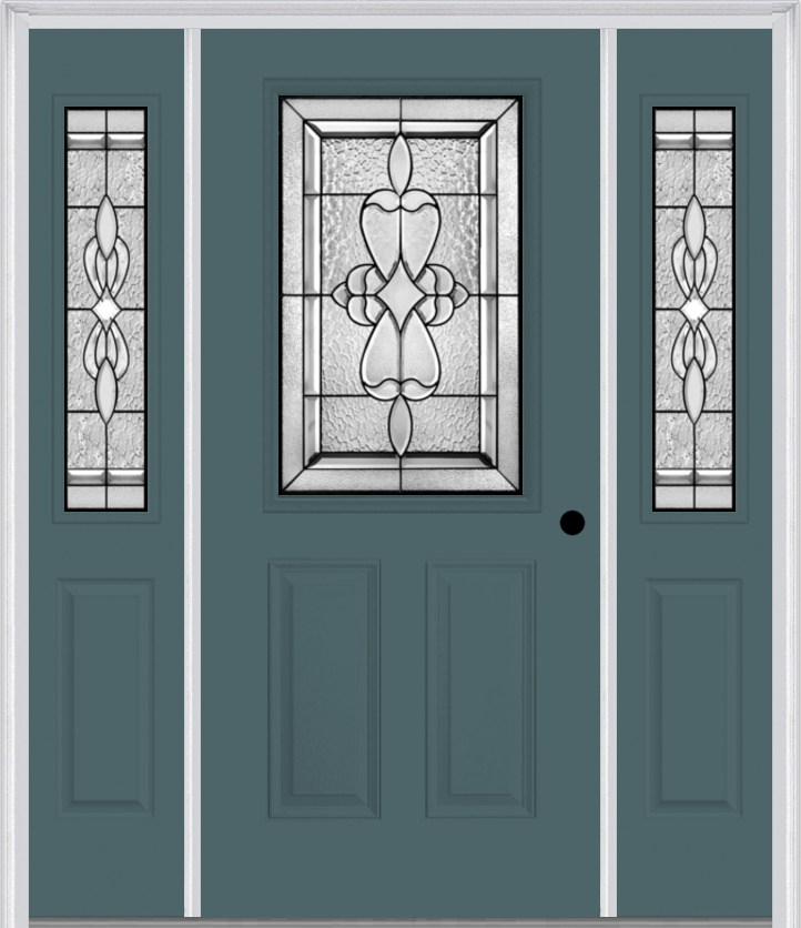 MMI 1/2 Lite 2 Panel 6'8" Fiberglass Smooth Jamestown Patina Exterior Prehung Door With 2 Half Lite Jamestown Patina Decorative Glass Sidelights 684