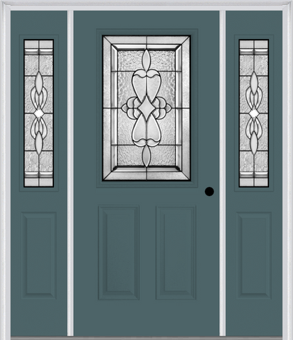 MMI 1/2 Lite 2 Panel 6'8" Fiberglass Smooth Jamestown Patina Exterior Prehung Door With 2 Half Lite Jamestown Patina Decorative Glass Sidelights 684