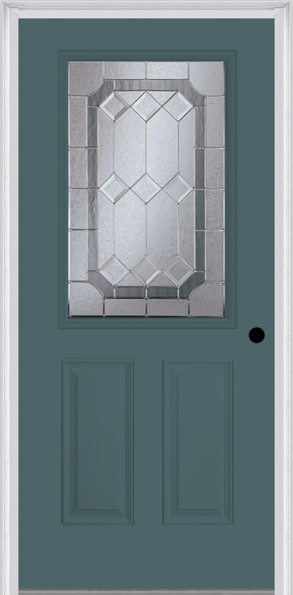 MMI 1/2 Lite 2 Panel 6'8" Fiberglass Smooth Majestic Nickel Decorative Glass Exterior Prehung Door 684