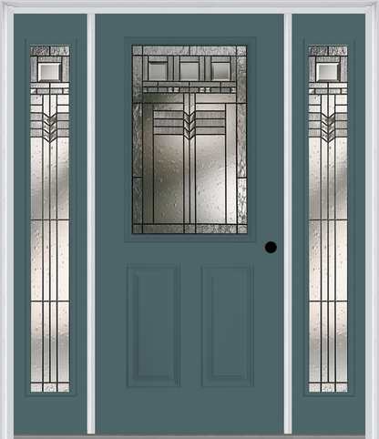 MMI 1/2 Lite 2 Panel 6'8" Fiberglass Smooth Oak Park Patina Exterior Prehung Door With 2 Full Lite Oak Park Patina Decorative Glass Sidelights 684