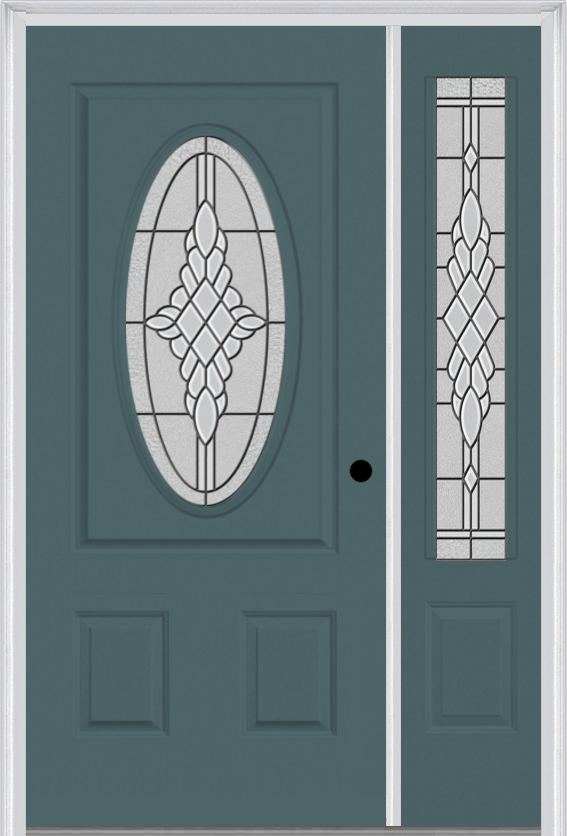MMI Small Oval 2 Panel 3'0" X 6'8" Fiberglass Smooth Grace Nickel Or Grace Patina Exterior Prehung Door With 1 Grace Nickel/Patina 3/4 Lite Decorative Glass Sidelight 949