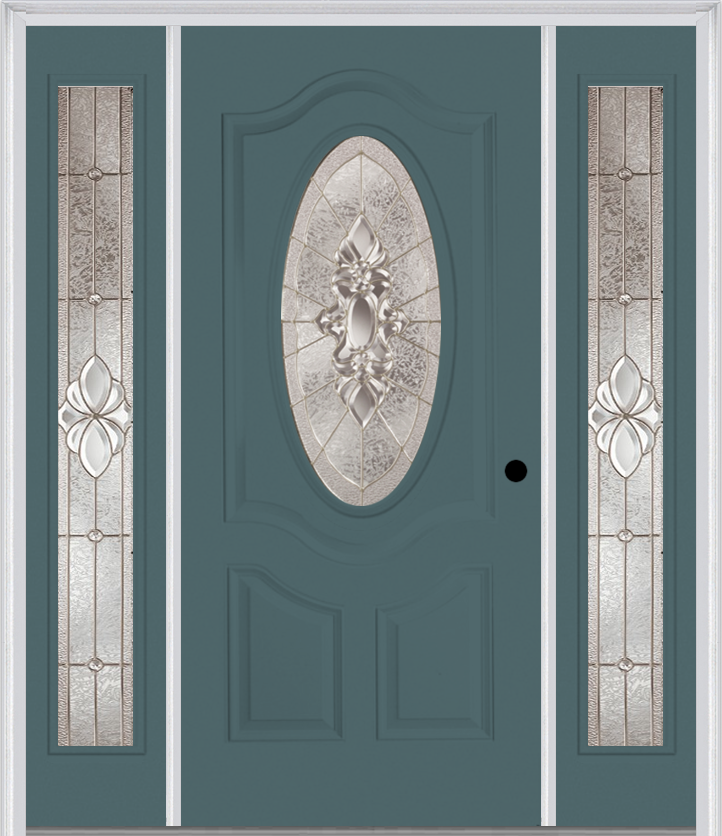 MMI SMALL OVAL 2 PANEL DELUXE 6'8" FIBERGLASS SMOOTH HEIRLOOMS BRASS OR HEIRLOOMS SATIN NICKEL EXTERIOR PREHUNG DOOR WITH 2 FULL LITE HEIRLOOMS BRASS/SATIN NICKEL DECORATIVE GLASS SIDELIGHTS 749