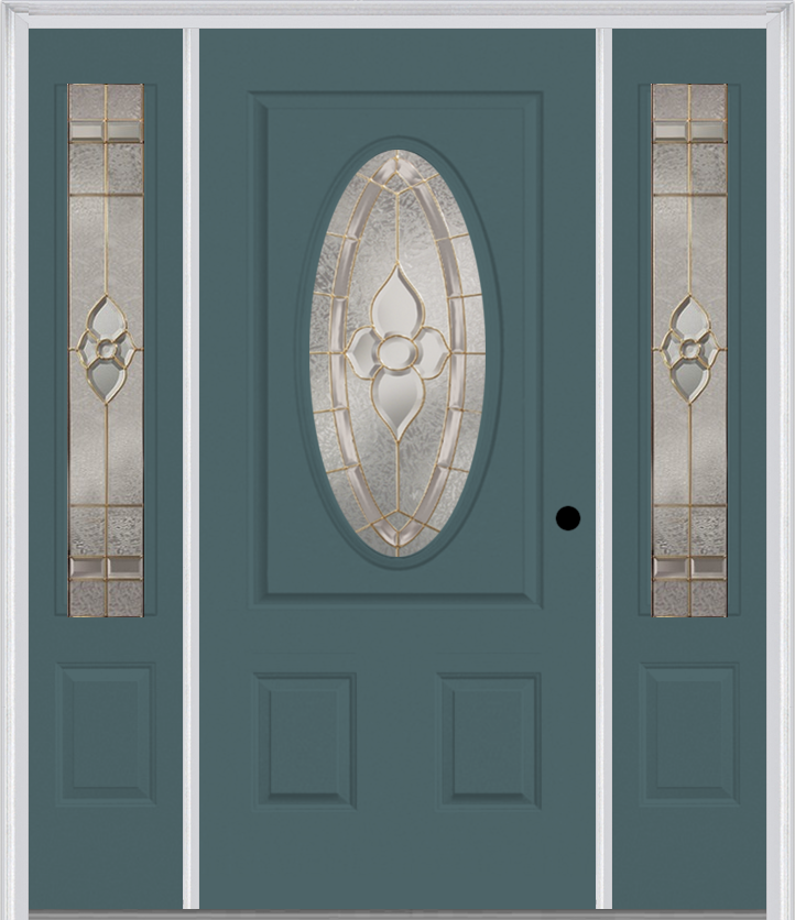 MMI SMALL OVAL 2 PANEL 6'8" FIBERGLASS SMOOTH NOUVEAU NICKEL OR NOUVEAU PATINA EXTERIOR PREHUNG DOOR WITH 2 NOUVEAU BRASS/NICKEL/PATINA 3/4 LITE DECORATIVE GLASS SIDELIGHTS 949