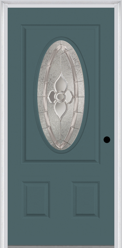 MMI Small Oval 2 Panel 6'8" Fiberglass Smooth Nouveau Nickel Or Nouveau Patina Decorative Glass Exterior Prehung Door 949