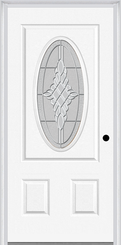 MMI Small Oval 2 Panel 6'8" Fiberglass Smooth Grace Nickel Or Grace Patina Decorative Glass Exterior Prehung Door 949