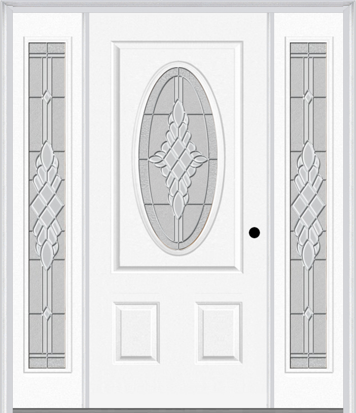 MMI SMALL OVAL 2 PANEL 6'8" FIBERGLASS SMOOTH GRACE NICKEL OR GRACE PATINA EXTERIOR PREHUNG DOOR WITH 2 FULL LITE GRACE NICKEL/PATINA DECORATIVE GLASS SIDELIGHTS 949