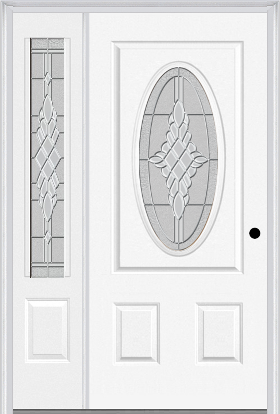 MMI Small Oval 2 Panel 3'0" X 6'8" Fiberglass Smooth Grace Nickel Or Grace Patina Exterior Prehung Door With 1 Grace Nickel/Patina 3/4 Lite Decorative Glass Sidelight 949