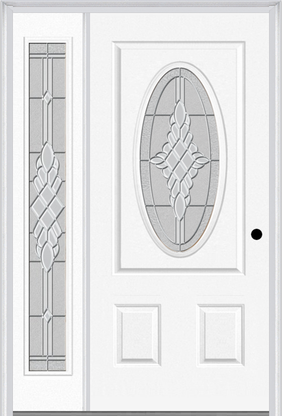 MMI Small Oval 2 Panel 3'0" X 6'8" Fiberglass Smooth Grace Nickel Or Grace Patina Exterior Prehung Door With 1 Full Lite Grace Nickel/Patina Decorative Glass Sidelight 949