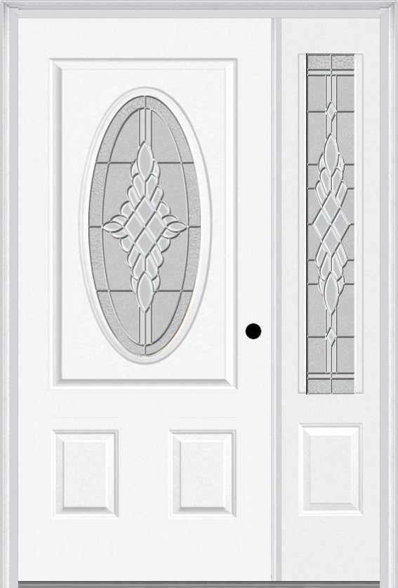MMI Small Oval 2 Panel 3'0" X 6'8" Fiberglass Smooth Grace Nickel Or Grace Patina Exterior Prehung Door With 1 Grace Nickel/Patina 3/4 Lite Decorative Glass Sidelight 949