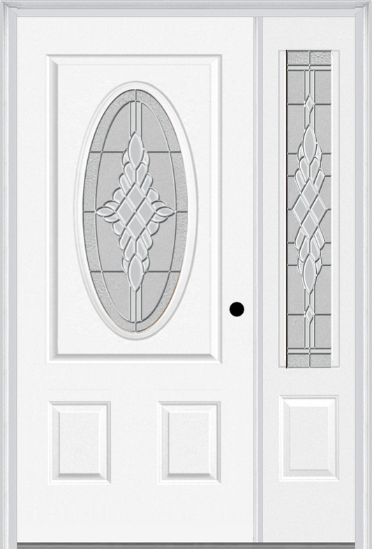 MMI Small Oval 2 Panel 3'0" X 6'8" Fiberglass Smooth Grace Nickel Or Grace Patina Exterior Prehung Door With 1 Grace Nickel/Patina 3/4 Lite Decorative Glass Sidelight 949