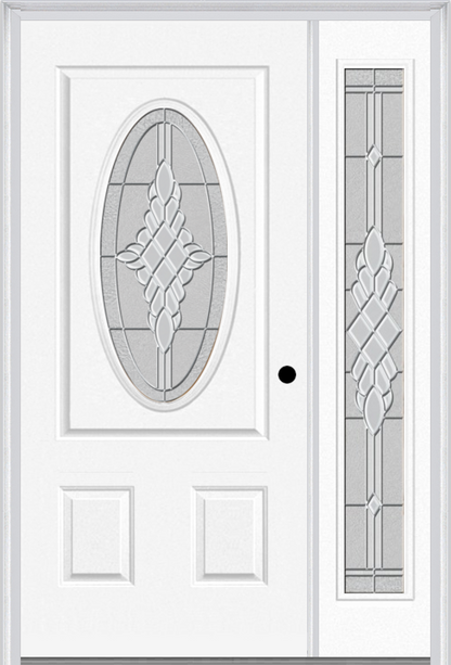 MMI SMALL OVAL 2 PANEL 3'0" X 6'8" FIBERGLASS SMOOTH GRACE NICKEL OR GRACE PATINA EXTERIOR PREHUNG DOOR WITH 1 FULL LITE GRACE NICKEL/PATINA DECORATIVE GLASS SIDELIGHT 949