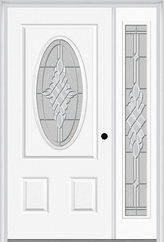 MMI Small Oval 2 Panel 3'0" X 6'8" Fiberglass Smooth Grace Nickel Or Grace Patina Exterior Prehung Door With 1 Full Lite Grace Nickel/Patina Decorative Glass Sidelight 949