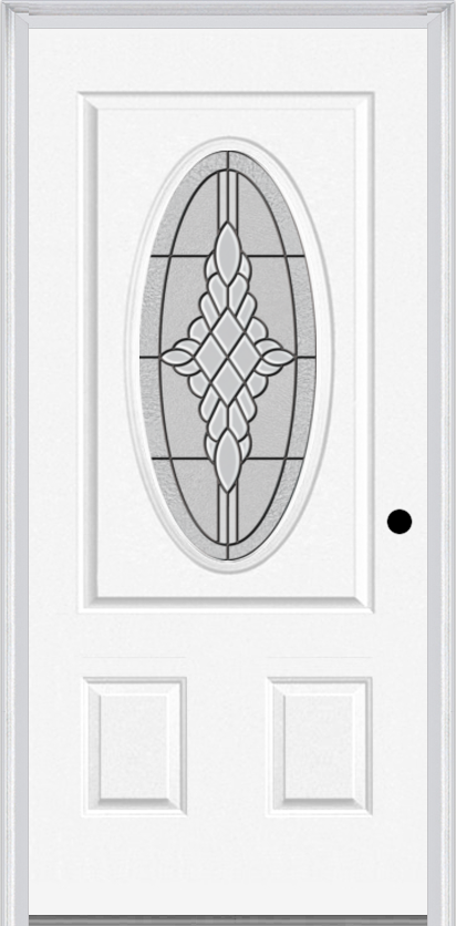 MMI Small Oval 2 Panel 6'8" Fiberglass Smooth Grace Nickel Or Grace Patina Decorative Glass Exterior Prehung Door 949