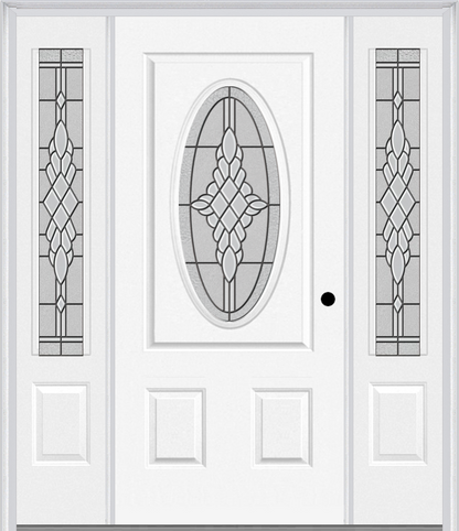 MMI SMALL OVAL 2 PANEL 6'8" FIBERGLASS SMOOTH GRACE NICKEL OR GRACE PATINA EXTERIOR PREHUNG DOOR WITH 2 GRACE NICKEL/PATINA 3/4 LITE DECORATIVE GLASS SIDELIGHTS 949