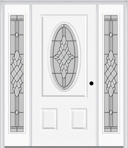 MMI SMALL OVAL 2 PANEL 6'8" FIBERGLASS SMOOTH GRACE NICKEL OR GRACE PATINA EXTERIOR PREHUNG DOOR WITH 2 FULL LITE GRACE NICKEL/PATINA DECORATIVE GLASS SIDELIGHTS 949