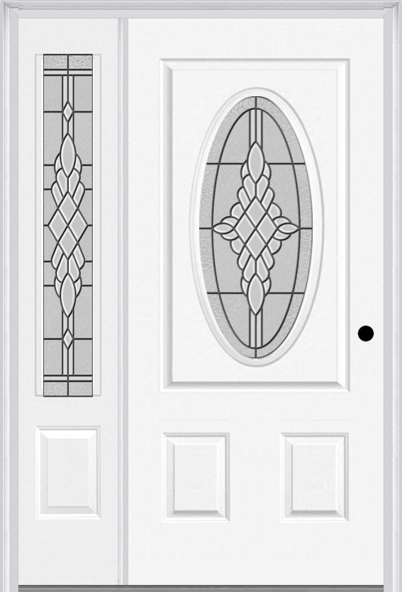 MMI Small Oval 2 Panel 3'0" X 6'8" Fiberglass Smooth Grace Nickel Or Grace Patina Exterior Prehung Door With 1 Grace Nickel/Patina 3/4 Lite Decorative Glass Sidelight 949