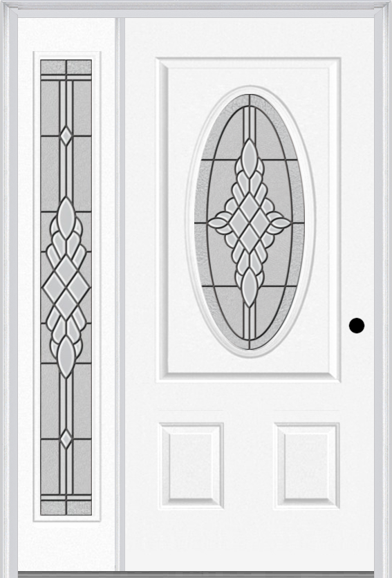 MMI Small Oval 2 Panel 3'0" X 6'8" Fiberglass Smooth Grace Nickel Or Grace Patina Exterior Prehung Door With 1 Full Lite Grace Nickel/Patina Decorative Glass Sidelight 949