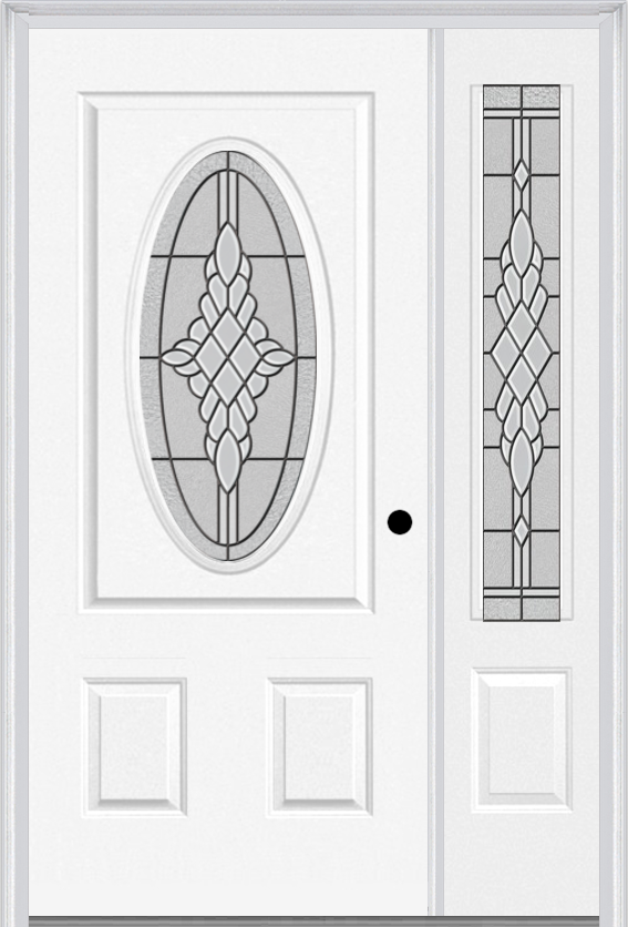 MMI Small Oval 2 Panel 3'0" X 6'8" Fiberglass Smooth Grace Nickel Or Grace Patina Exterior Prehung Door With 1 Grace Nickel/Patina 3/4 Lite Decorative Glass Sidelight 949