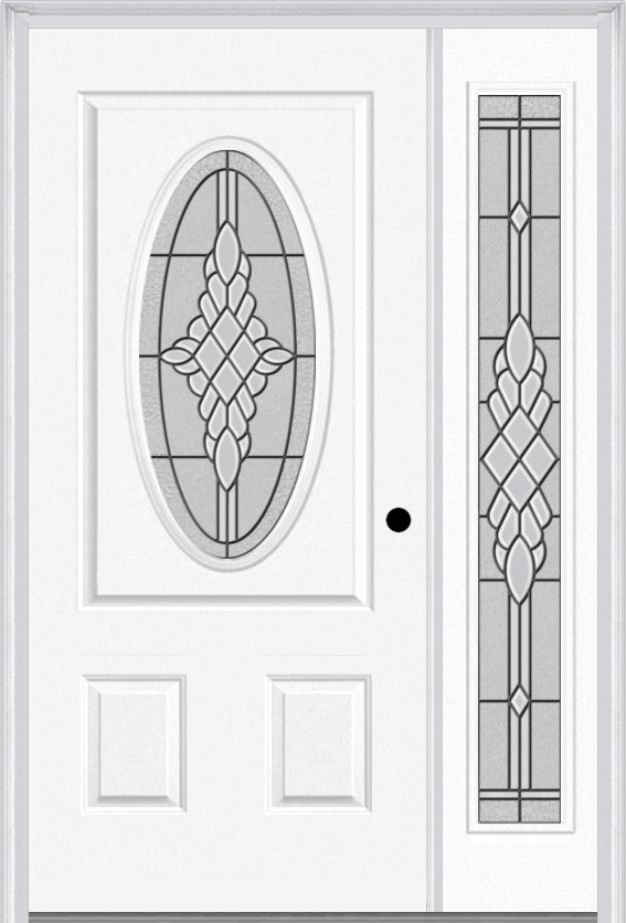 MMI Small Oval 2 Panel 3'0" X 6'8" Fiberglass Smooth Grace Nickel Or Grace Patina Exterior Prehung Door With 1 Full Lite Grace Nickel/Patina Decorative Glass Sidelight 949