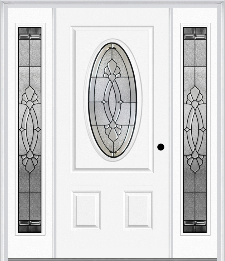 MMI SMALL OVAL 2 PANEL 6'8" FIBERGLASS SMOOTH BELAIRE PATINA EXTERIOR PREHUNG DOOR WITH 2 FULL LITE BELAIRE PATINA DECORATIVE GLASS SIDELIGHTS 949