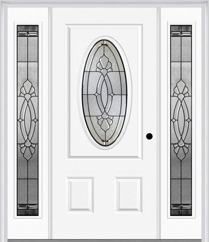 MMI SMALL OVAL 2 PANEL 6'8" FIBERGLASS SMOOTH BELAIRE PATINA EXTERIOR PREHUNG DOOR WITH 2 FULL LITE BELAIRE PATINA DECORATIVE GLASS SIDELIGHTS 949