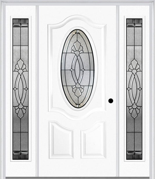 MMI SMALL OVAL 2 PANEL DELUXE 6'8" FIBERGLASS SMOOTH BELAIRE PATINA EXTERIOR PREHUNG DOOR WITH 2 FULL LITE BELAIRE PATINA DECORATIVE GLASS SIDELIGHTS 749