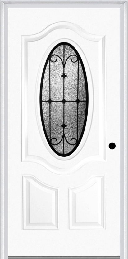 MMI Small Oval 2 Panel Deluxe 6'8" Fiberglass Smooth Chateau Wrought Iron Decorative Glass Exterior Prehung Door 749