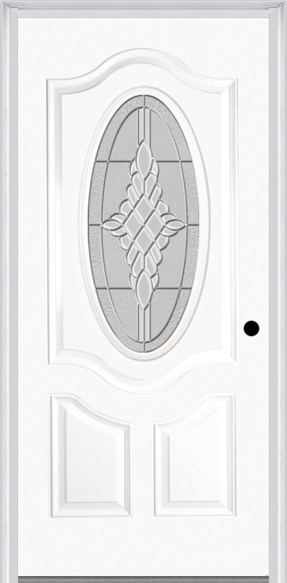 MMI Small Oval 2 Panel Deluxe 6'8" Fiberglass Smooth Grace Nickel Or Grace Patina Decorative Glass Exterior Prehung Door 749