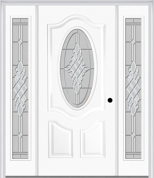 MMI SMALL OVAL 2 PANEL DELUXE 6'8" FIBERGLASS SMOOTH GRACE NICKEL OR GRACE PATINA EXTERIOR PREHUNG DOOR WITH 2 FULL LITE GRACE NICKEL/PATINA DECORATIVE GLASS SIDELIGHTS 749