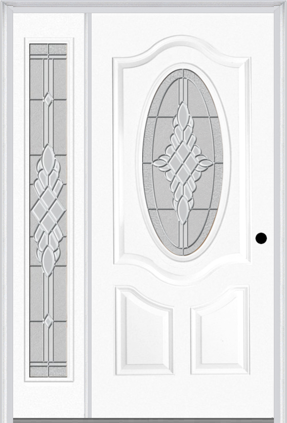 MMI Small Oval 2 Panel Deluxe 3'0" X 6'8" Fiberglass Smooth Grace Nickel Or Grace Patina Exterior Prehung Door With 1 Full Lite Grace Nickel/Patina Decorative Glass Sidelight 749