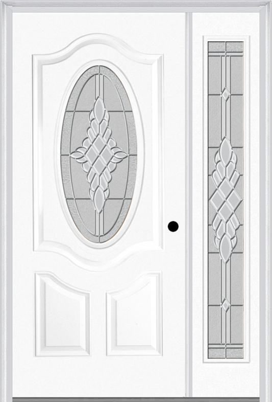 MMI Small Oval 2 Panel Deluxe 3'0" X 6'8" Fiberglass Smooth Grace Nickel Or Grace Patina Exterior Prehung Door With 1 Full Lite Grace Nickel/Patina Decorative Glass Sidelight 749