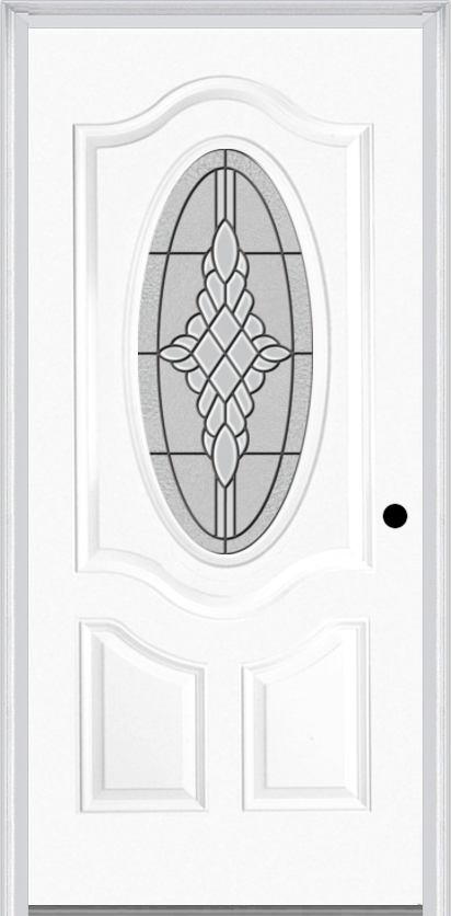 MMI Small Oval 2 Panel Deluxe 6'8" Fiberglass Smooth Grace Nickel Or Grace Patina Decorative Glass Exterior Prehung Door 749
