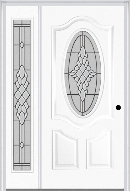 MMI SMALL OVAL 2 PANEL DELUXE 3'0" X 6'8" FIBERGLASS SMOOTH GRACE NICKEL OR GRACE PATINA EXTERIOR PREHUNG DOOR WITH 1 FULL LITE GRACE NICKEL/PATINA DECORATIVE GLASS SIDELIGHT 749
