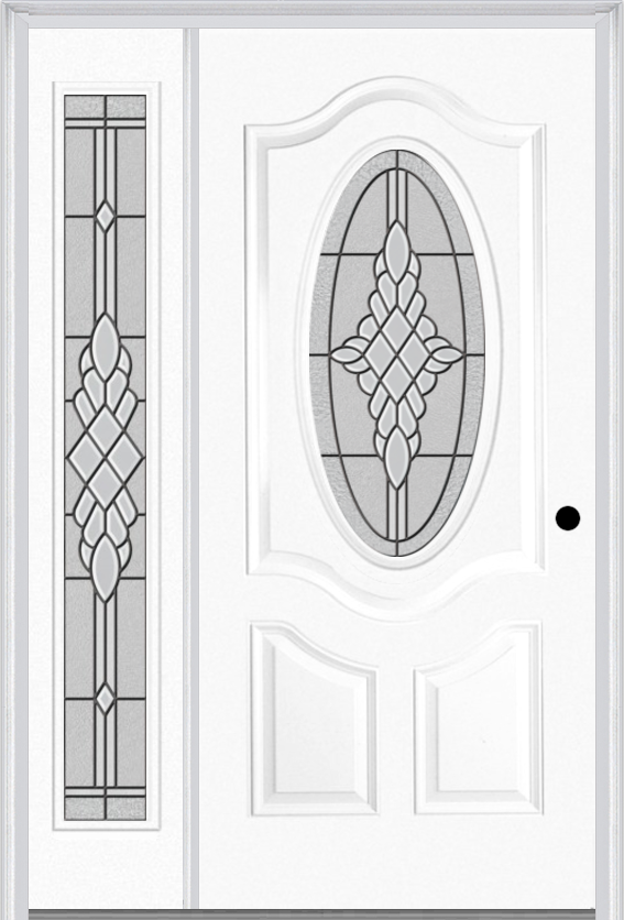 MMI Small Oval 2 Panel Deluxe 3'0" X 6'8" Fiberglass Smooth Grace Nickel Or Grace Patina Exterior Prehung Door With 1 Full Lite Grace Nickel/Patina Decorative Glass Sidelight 749
