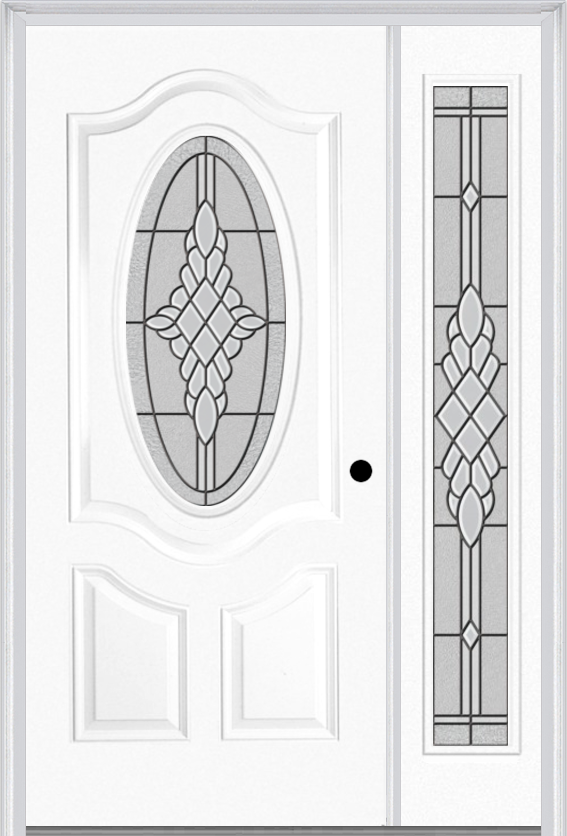 MMI Small Oval 2 Panel Deluxe 3'0" X 6'8" Fiberglass Smooth Grace Nickel Or Grace Patina Exterior Prehung Door With 1 Full Lite Grace Nickel/Patina Decorative Glass Sidelight 749