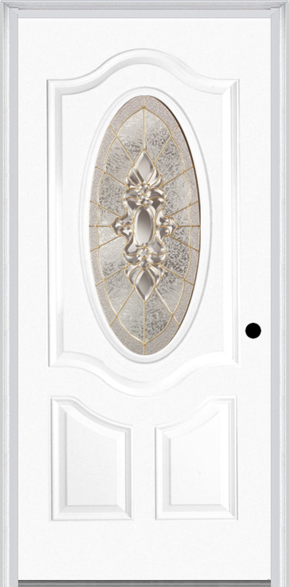 MMI Small Oval 2 Panel Deluxe 6'8" Fiberglass Smooth Heirlooms Brass Or Heirlooms Satin Nickel Decorative Glass Exterior Prehung Door 749