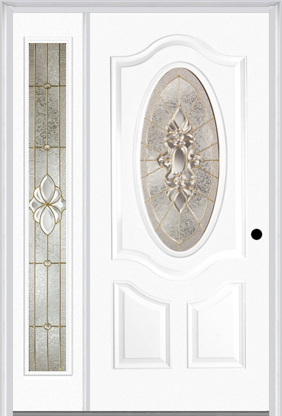 MMI Small Oval 2 Panel Deluxe 3'0" X 6'8" Fiberglass Smooth Heirlooms Brass Or Heirlooms Satin Nickel Exterior Prehung Door With 1 Full Lite Heirlooms Brass/Satin Nickel Decorative Glass Sidelight 749
