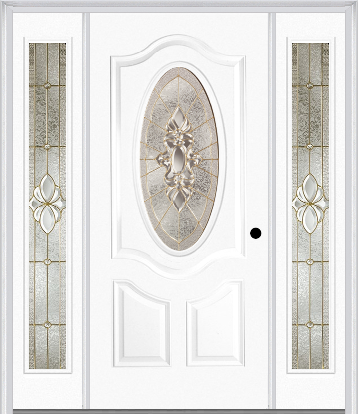 MMI SMALL OVAL 2 PANEL DELUXE 6'8" FIBERGLASS SMOOTH HEIRLOOMS BRASS OR HEIRLOOMS SATIN NICKEL EXTERIOR PREHUNG DOOR WITH 2 FULL LITE HEIRLOOMS BRASS/SATIN NICKEL DECORATIVE GLASS SIDELIGHTS 749