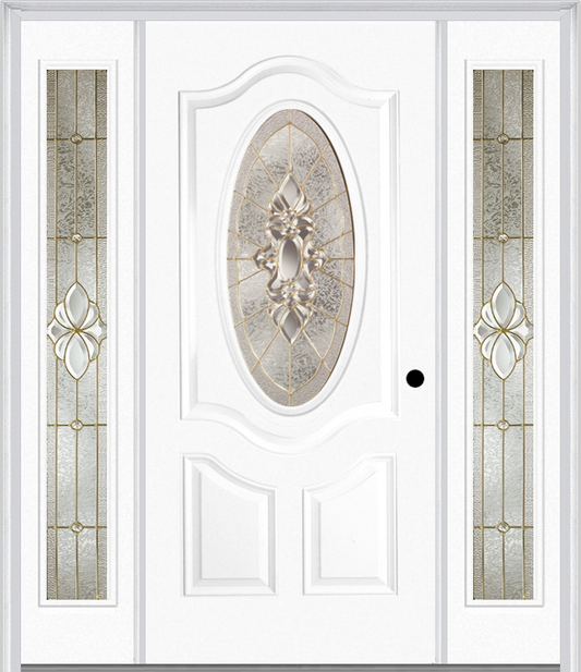 MMI SMALL OVAL 2 PANEL DELUXE 6'8" FIBERGLASS SMOOTH HEIRLOOMS BRASS OR HEIRLOOMS SATIN NICKEL EXTERIOR PREHUNG DOOR WITH 2 FULL LITE HEIRLOOMS BRASS/SATIN NICKEL DECORATIVE GLASS SIDELIGHTS 749