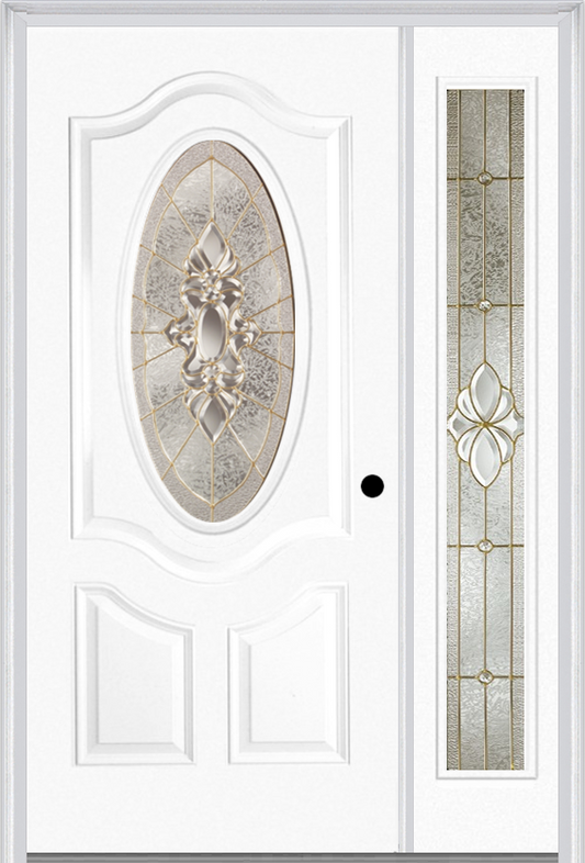 MMI Small Oval 2 Panel Deluxe 3'0" X 6'8" Fiberglass Smooth Heirlooms Brass Or Heirlooms Satin Nickel Exterior Prehung Door With 1 Full Lite Heirlooms Brass/Satin Nickel Decorative Glass Sidelight 749