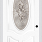 MMI SMALL OVAL 2 PANEL DELUXE 6'8" FIBERGLASS SMOOTH HEIRLOOMS BRASS OR HEIRLOOMS SATIN NICKEL DECORATIVE GLASS EXTERIOR PREHUNG DOOR 749