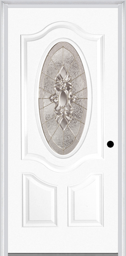 MMI Small Oval 2 Panel Deluxe 6'8" Fiberglass Smooth Heirlooms Brass Or Heirlooms Satin Nickel Decorative Glass Exterior Prehung Door 749