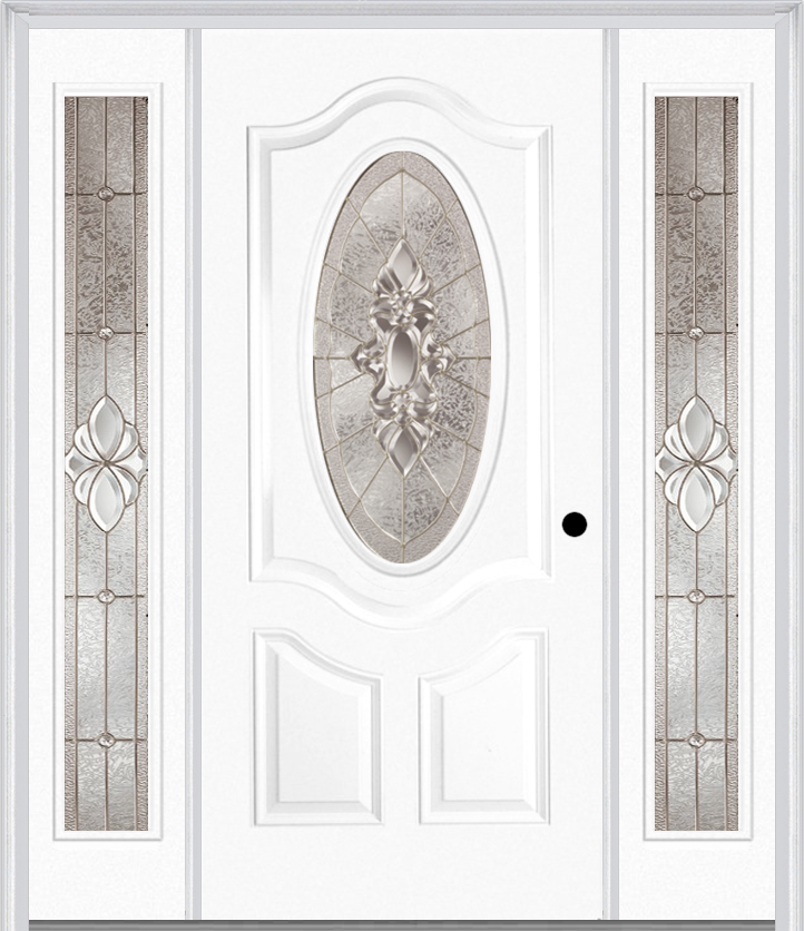MMI SMALL OVAL 2 PANEL DELUXE 6'8" FIBERGLASS SMOOTH HEIRLOOMS BRASS OR HEIRLOOMS SATIN NICKEL EXTERIOR PREHUNG DOOR WITH 2 FULL LITE HEIRLOOMS BRASS/SATIN NICKEL DECORATIVE GLASS SIDELIGHTS 749