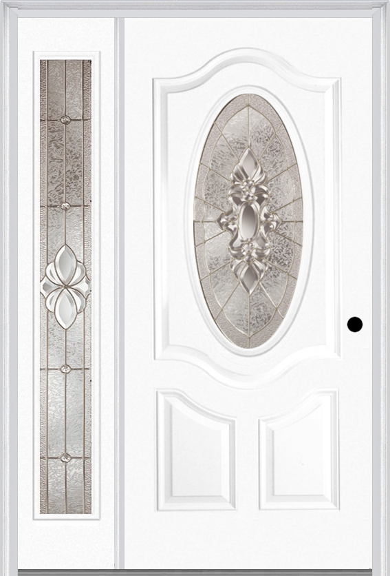 MMI Small Oval 2 Panel Deluxe 3'0" X 6'8" Fiberglass Smooth Heirlooms Brass Or Heirlooms Satin Nickel Exterior Prehung Door With 1 Full Lite Heirlooms Brass/Satin Nickel Decorative Glass Sidelight 749