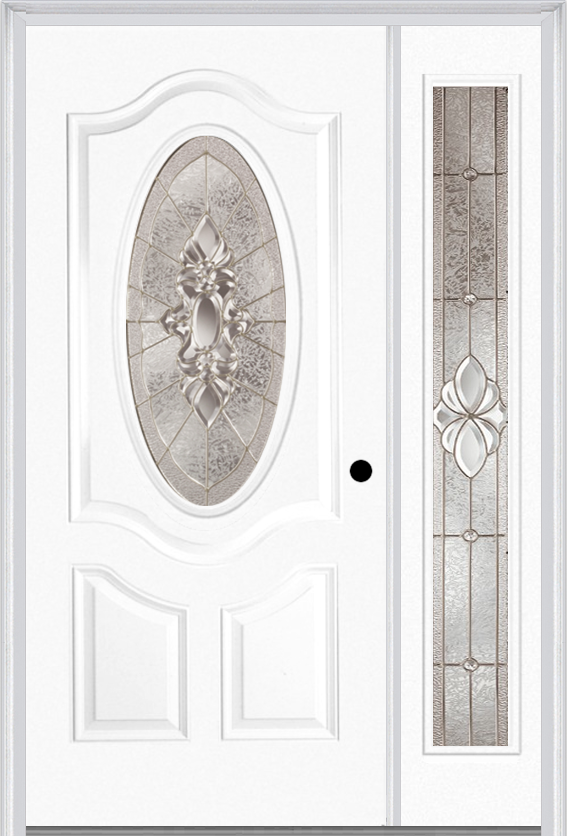 MMI Small Oval 2 Panel Deluxe 3'0" X 6'8" Fiberglass Smooth Heirlooms Brass Or Heirlooms Satin Nickel Exterior Prehung Door With 1 Full Lite Heirlooms Brass/Satin Nickel Decorative Glass Sidelight 749